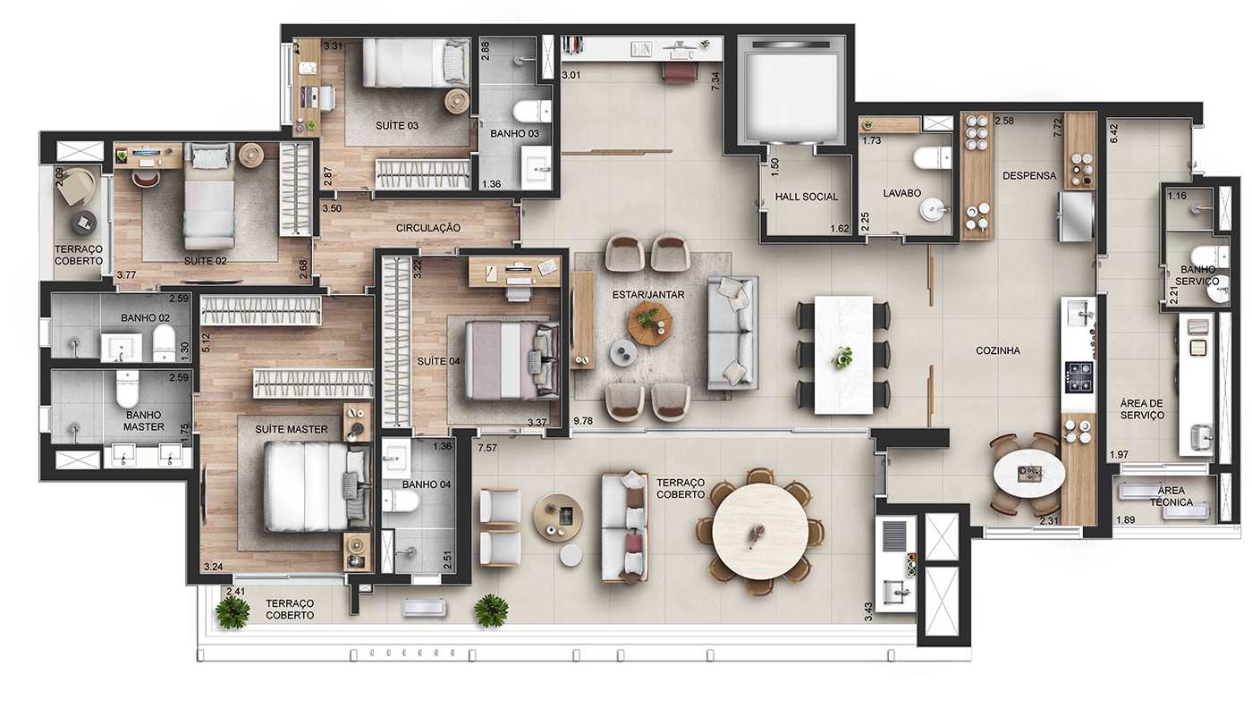 Planta - 3 a 4 suites | 3 a 4 vagas | Design autoral e elegância cosmopolita em um capítulo inédito da arquitetura paulistana. - MPNI