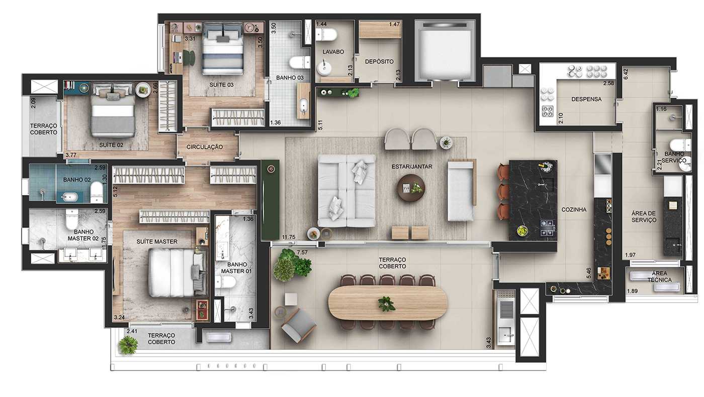 Planta - 3 a 4 suites | 3 a 4 vagas | Design autoral e elegância cosmopolita em um capítulo inédito da arquitetura paulistana. - MPNI